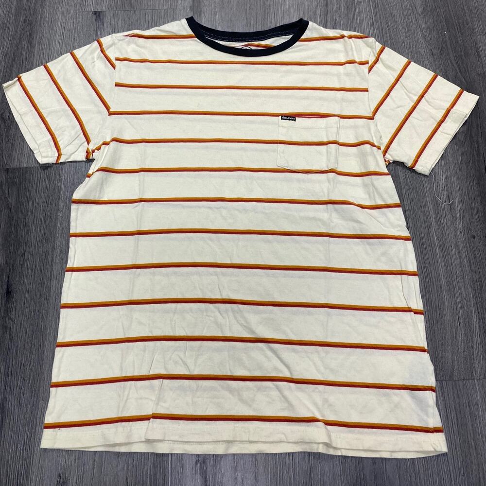 Volcom Striped Pocket T-Shirt Men's Medium Cream Red Yellow Retro Skate Surf Tee